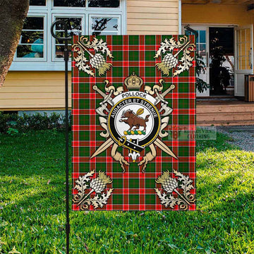 Tartan Vibes Clothing Pollock Tartan Flag with Family Crest and Golden Thistle Crossed Sword Design