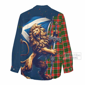 Pollock Tartan Family Crest Women's Casual Shirt with Scottish Majestic Lion - Tartan Vibes Clothing