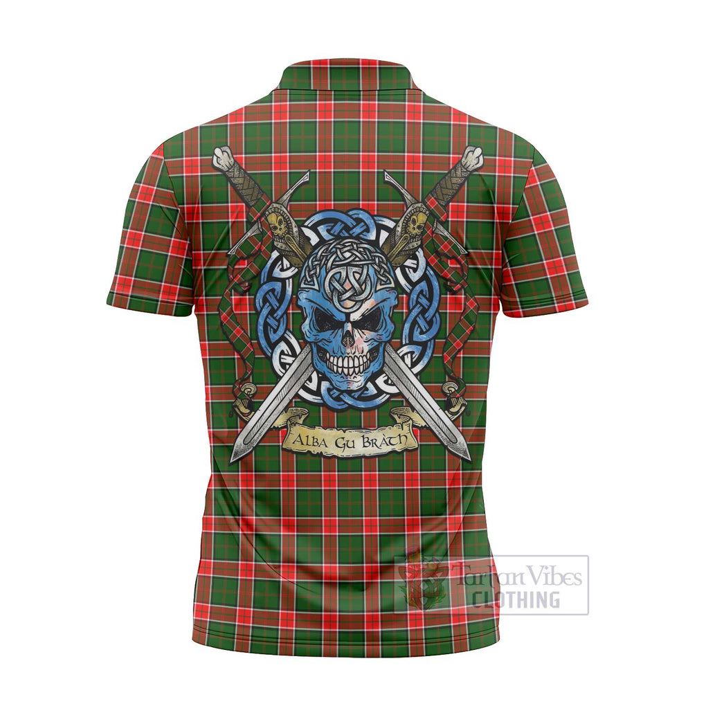 Pollock Tartan Zipper Polo Shirt with Family Crest Celtic Skull Style - Tartan Vibes Clothing