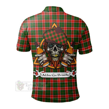 Pollock Tartan Polo Shirt with Family Crest and Bearded Skull Holding Bottles of Whiskey - Tartan Vibes Clothing