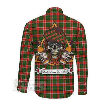Pollock Tartan Long Sleeve Button Shirt with Family Crest and Bearded Skull Holding Bottles of Whiskey Men's Shirt - Tartan Vibes Clothing