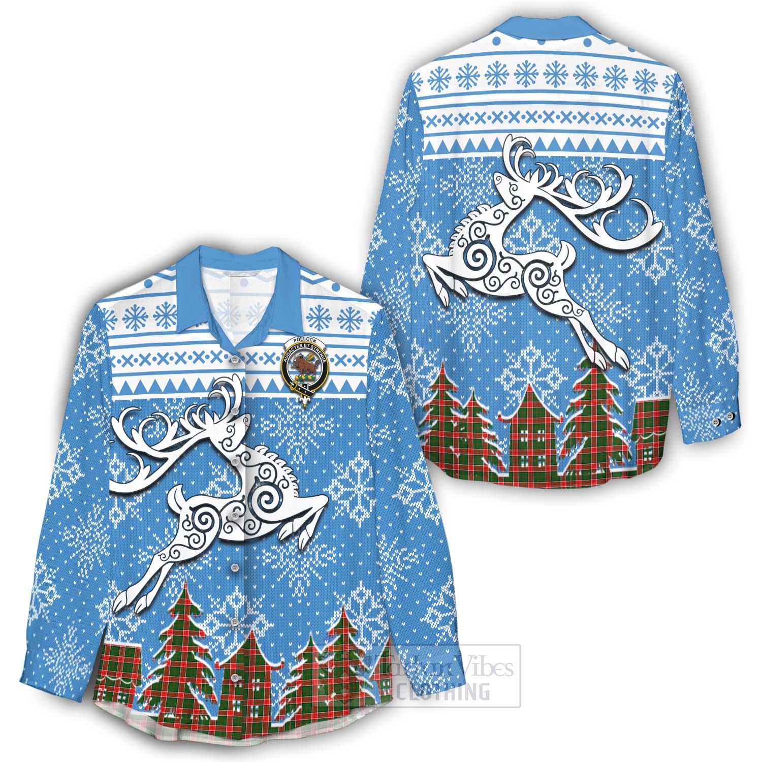 Pollock Clan Christmas Women's Casual Shirt Celtic Reindeer Style - Tartan Vibes Clothing