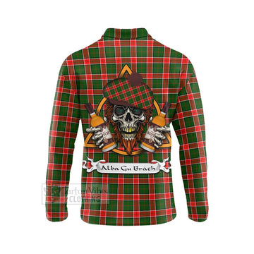 Pollock Tartan Long Sleeve Polo Shirt with Family Crest and Bearded Skull Holding Bottles of Whiskey - Tartan Vibes Clothing