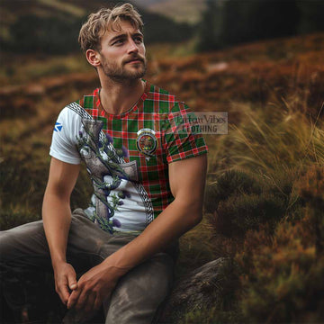 Pollock Tartan T-Shirt with Family Crest and St. Andrew's Cross Accented by Thistle Vines - Tartan Vibes Clothing