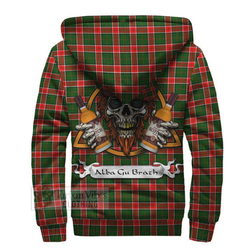 Pollock Tartan Sherpa Hoodie with Family Crest and Bearded Skull Holding Bottles of Whiskey - Tartan Vibes Clothing