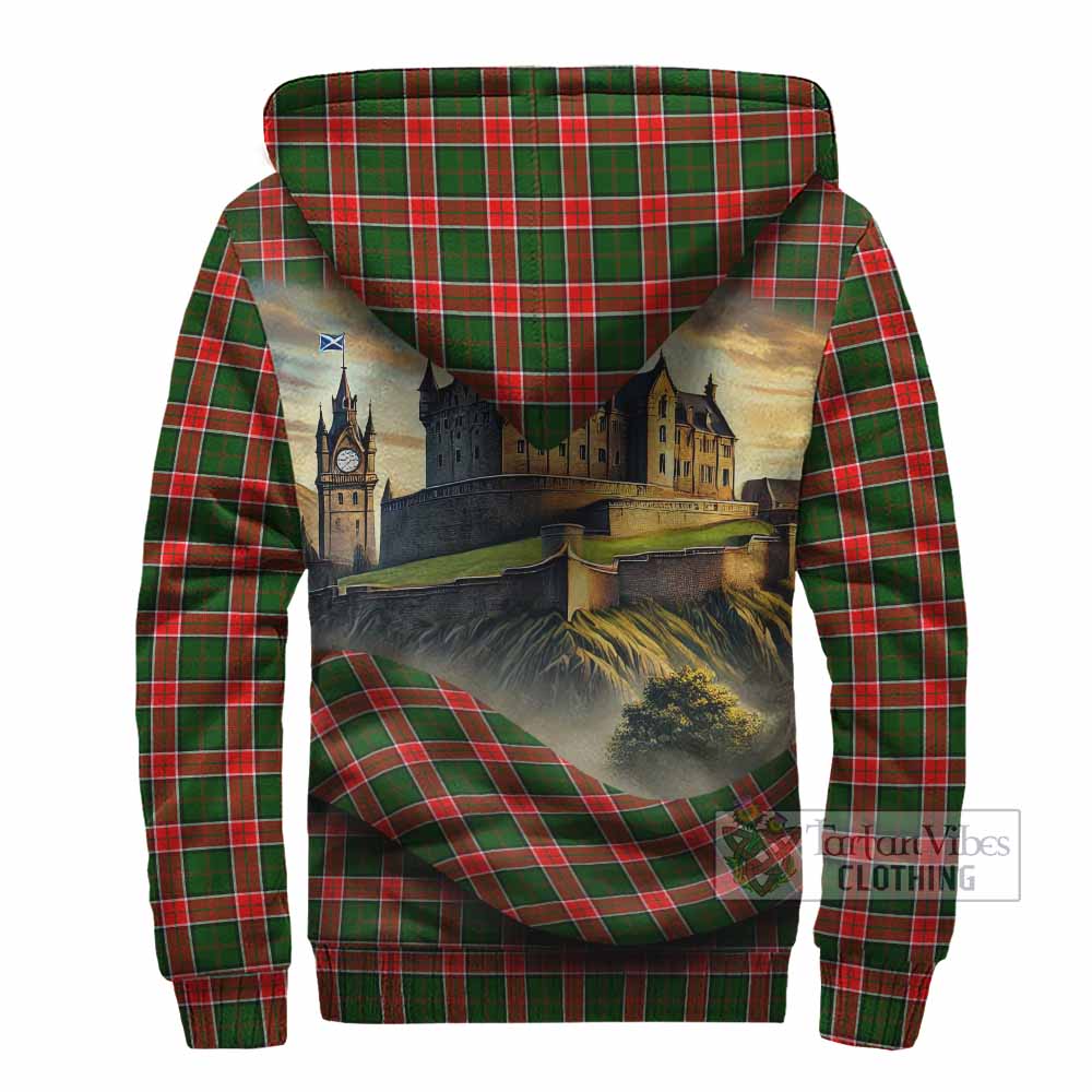 Pollock Tartan Family Crest Sherpa Hoodie with Scottish Ancient Castle Style - Tartan Vibes Clothing