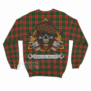 Pollock Tartan Sweatshirt with Family Crest and Bearded Skull Holding Bottles of Whiskey - Tartan Vibes Clothing