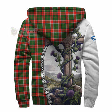 Pollock Tartan Sherpa Hoodie with Family Crest and St. Andrew's Cross Accented by Thistle Vines - Tartan Vibes Clothing