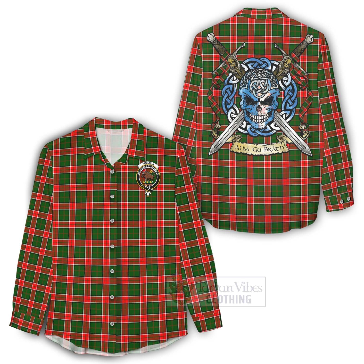 Pollock Tartan Women's Casual Shirt with Family Crest Celtic Skull Style - Tartan Vibes Clothing