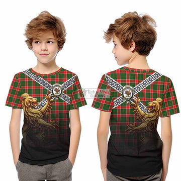 Pollock Crest Tartan Kid T-Shirt with Golden Lion Emblem Celtic Style - Tartan Vibes Clothing