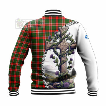 Pollock Tartan Baseball Jacket with Family Crest and St. Andrew's Cross Accented by Thistle Vines - Tartan Vibes Clothing