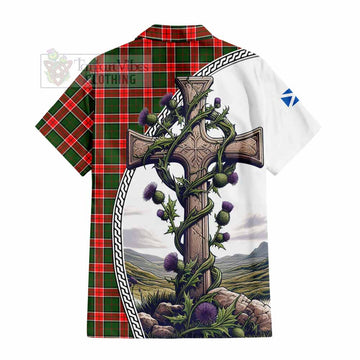 Pollock Tartan Hawaiian Shirt with Family Crest and St. Andrew's Cross Accented by Thistle Vines - Tartan Vibes Clothing