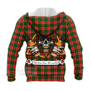Pollock Tartan Knitted Hoodie with Family Crest and Bearded Skull Holding Bottles of Whiskey - Tartan Vibes Clothing