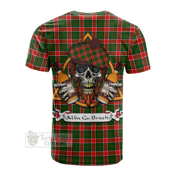 Tartan Vibes Clothing Pollock Tartan Cotton T-shirt with Family Crest and Bearded Skull Holding Bottles of Whiskey