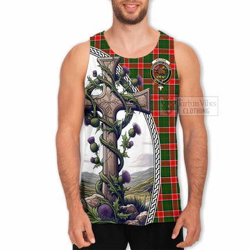 Pollock Tartan Men's Tank Top with Family Crest and St. Andrew's Cross Accented by Thistle Vines - Tartan Vibes Clothing