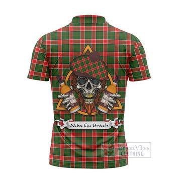 Tartan Vibes Clothing Pollock Tartan Zipper Polo Shirt with Family Crest and Bearded Skull Holding Bottles of Whiskey