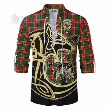 Pollock Tartan Ghillie Kilt Shirt with Family Crest Celtic Wolf Style - Tartan Vibes Clothing