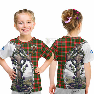 Pollock Tartan Kid T-Shirt with Family Crest and St. Andrew's Cross Accented by Thistle Vines - Tartan Vibes Clothing