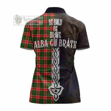Tartan Vibes Clothing Pollock Tartan Family Crest Women's Polo Shirt Alba Gu Brath Be Brave Lion Ancient Style