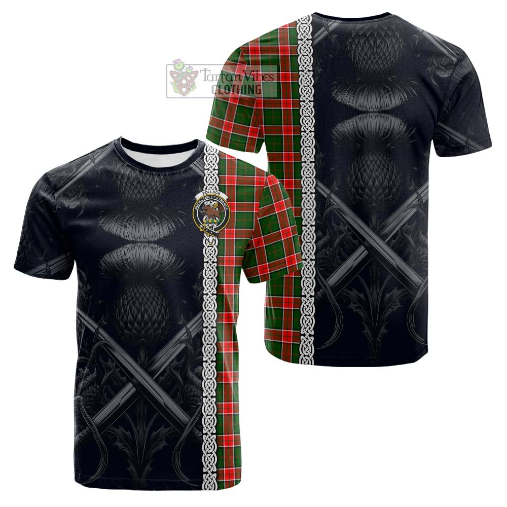 Pollock Tartan Cotton T-shirt with Family Crest Cross Sword Thistle Celtic Vibes - Tartan Vibes Clothing