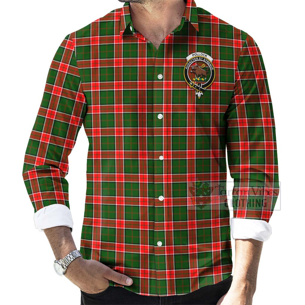 Pollock Tartan Long Sleeve Button Shirt with Family Crest Celtic Skull Style - Tartan Vibes Clothing
