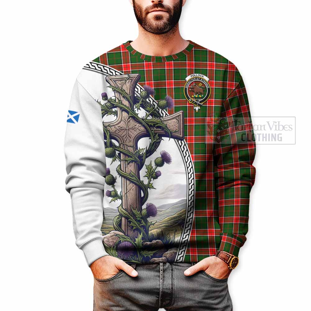 Pollock Tartan Sweatshirt with Family Crest and St. Andrew's Cross Accented by Thistle Vines - Tartan Vibes Clothing