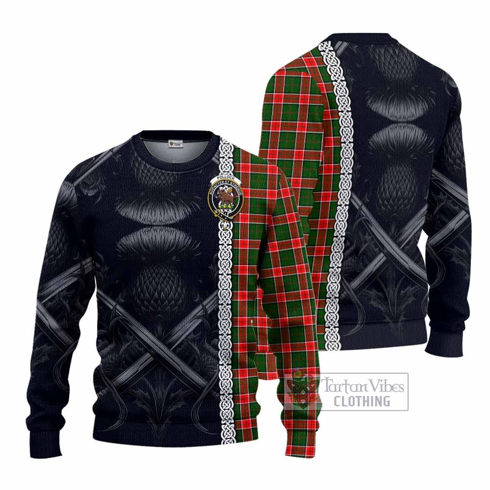Pollock Tartan Knitted Sweater with Family Crest Cross Sword Thistle Celtic Vibes - Tartan Vibes Clothing