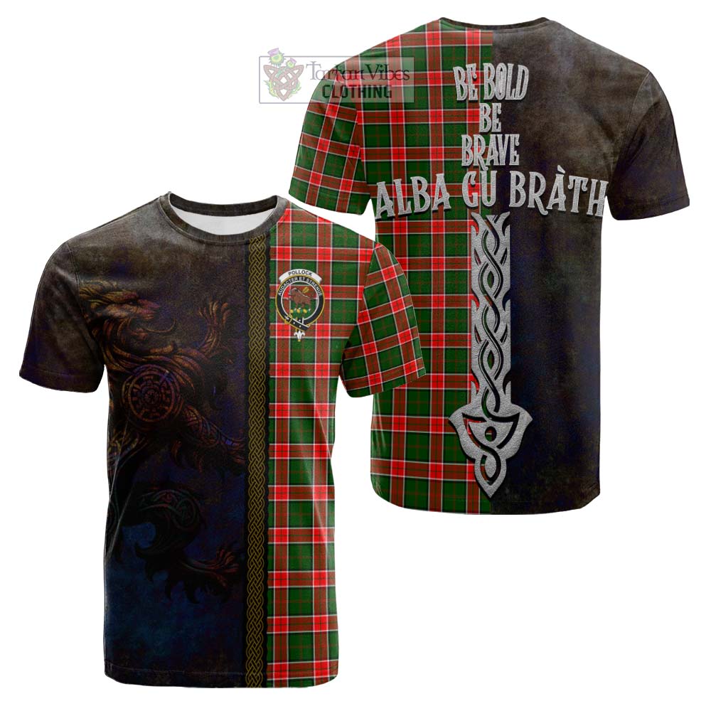 Tartan Vibes Clothing Pollock Tartan Family Crest Cotton T-shirt Alba Gu Brath Be Brave Lion Ancient Style