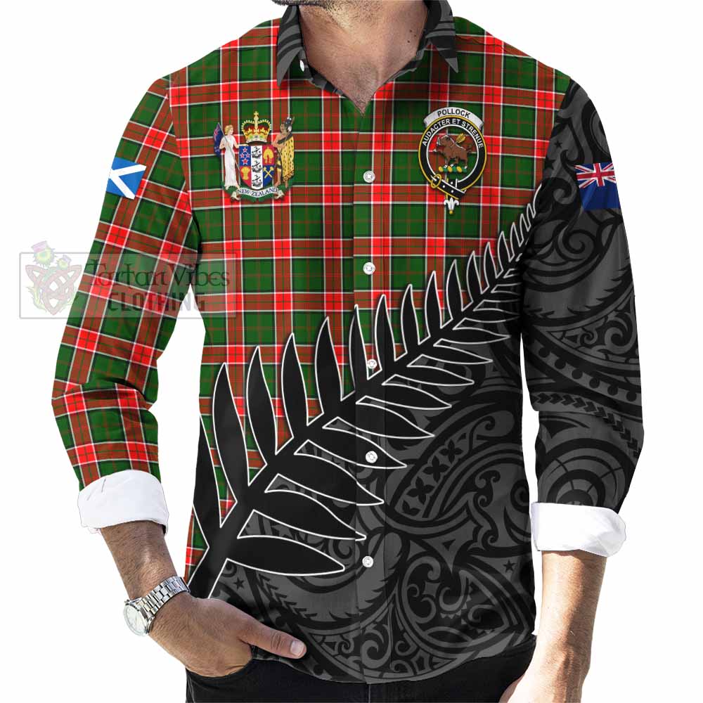 Tartan Vibes Clothing Pollock Crest Tartan Long Sleeve Button Shirt with New Zealand Silver Fern Half Style