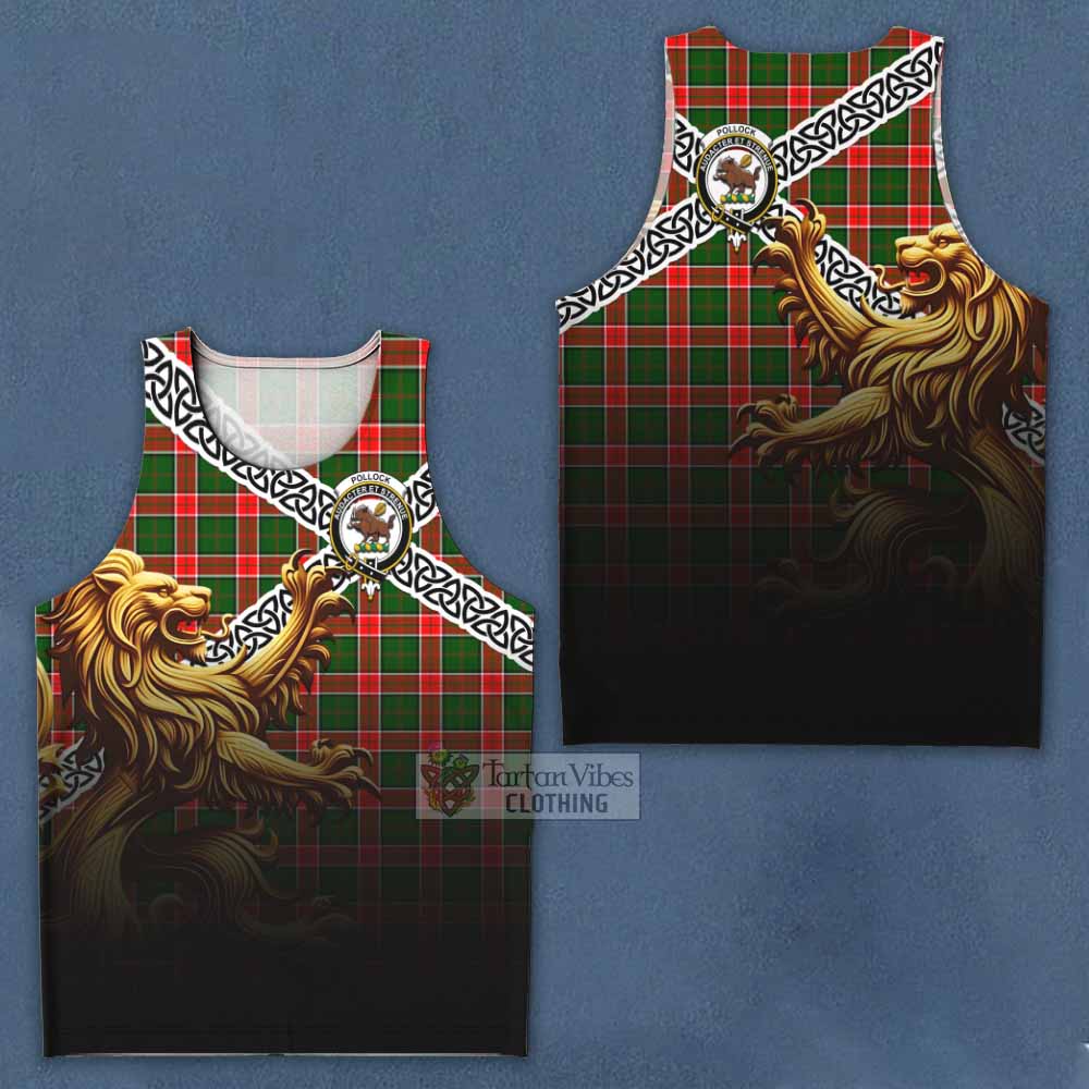 Pollock Crest Tartan Men's Tank Top with Golden Lion Emblem Celtic Style - Tartan Vibes Clothing