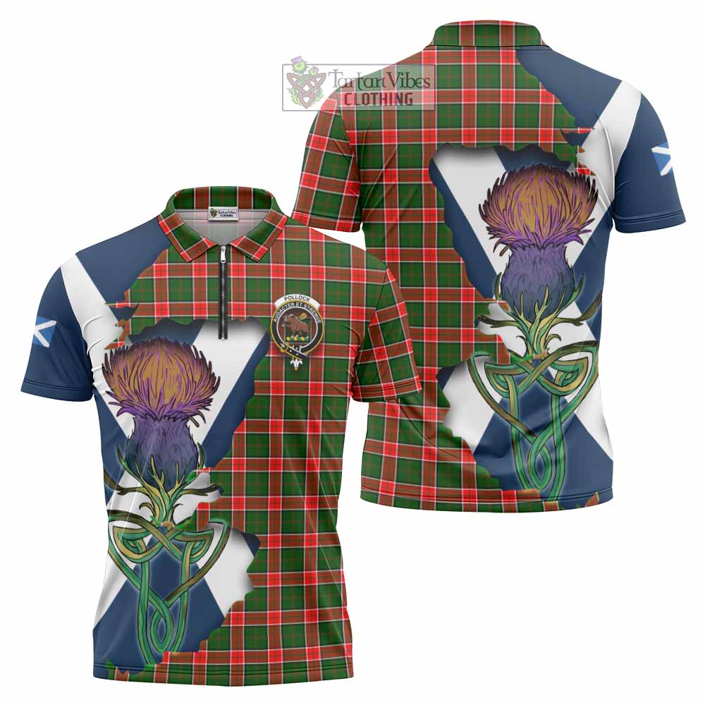 Tartan Vibes Clothing Pollock Tartan Family Crest Zipper Polo Shirt Scottish Thistle Celtic Inspired
