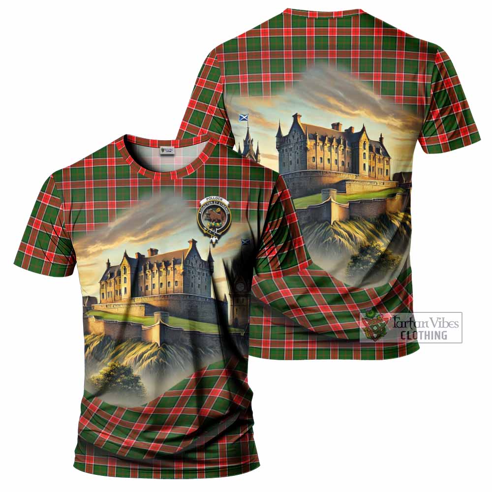 Pollock Tartan Family Crest T-Shirt with Scottish Ancient Castle Style - Tartan Vibes Clothing