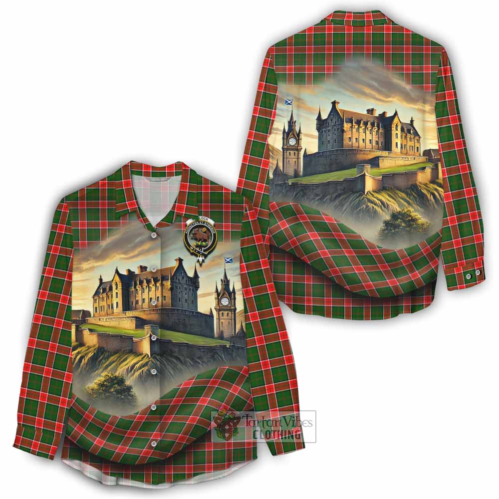 Pollock Tartan Family Crest Women's Casual Shirt with Scottish Ancient Castle Style - Tartan Vibes Clothing