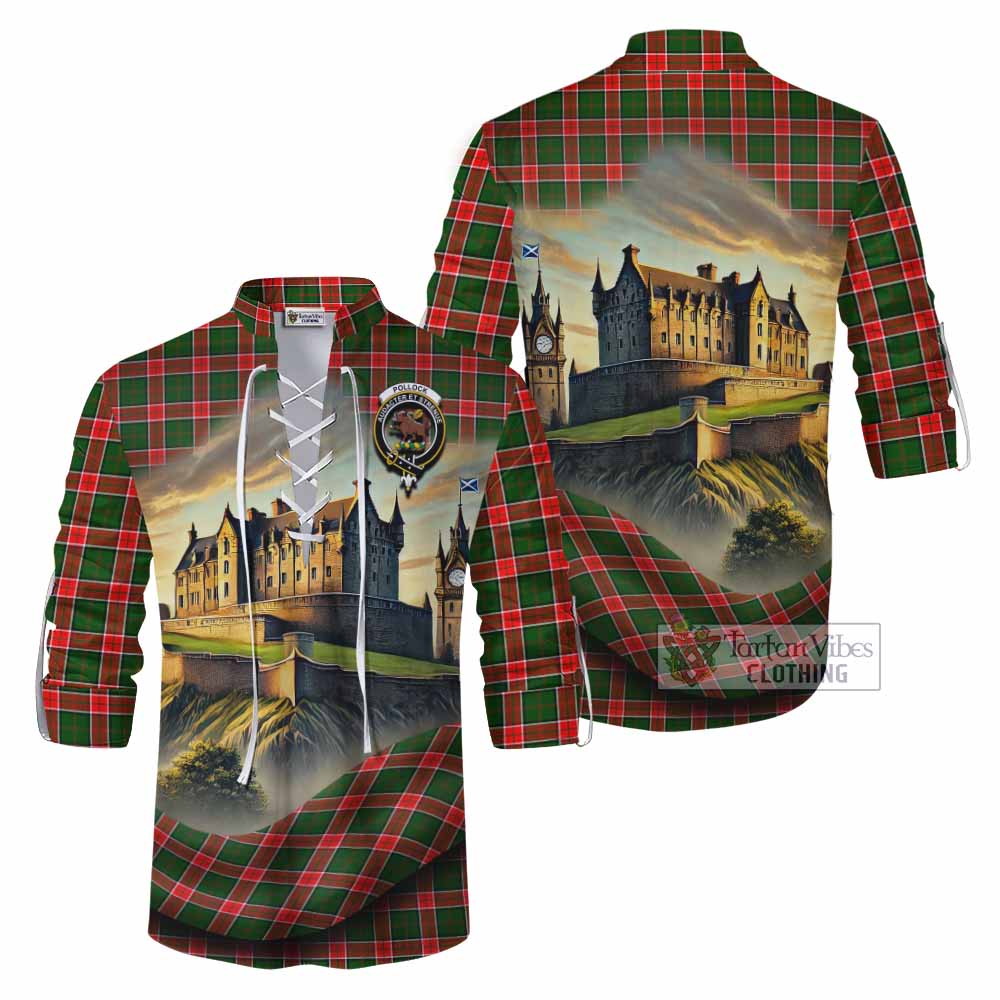 Pollock Tartan Family Crest Ghillie Kilt Shirt with Scottish Ancient Castle Style - Tartan Vibes Clothing