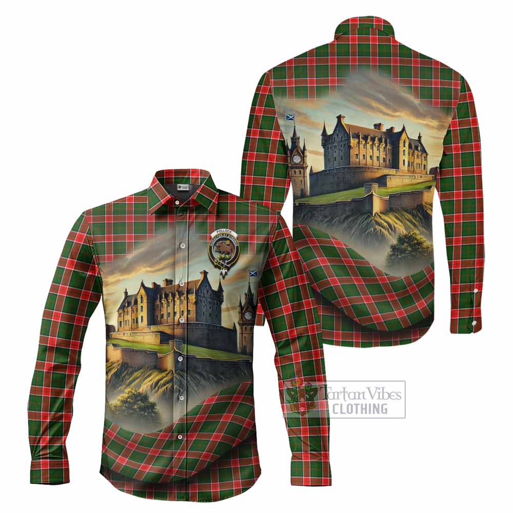 Tartan Vibes Clothing Pollock Tartan Family Crest Long Sleeve Button Shirt with Scottish Ancient Castle Style