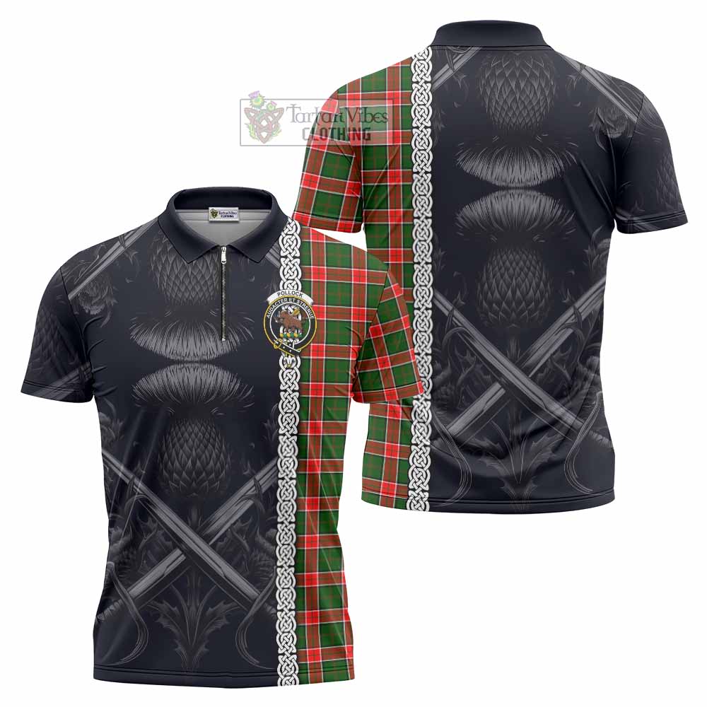 Pollock Tartan Zipper Polo Shirt with Family Crest Cross Sword Thistle Celtic Vibes - Tartan Vibes Clothing