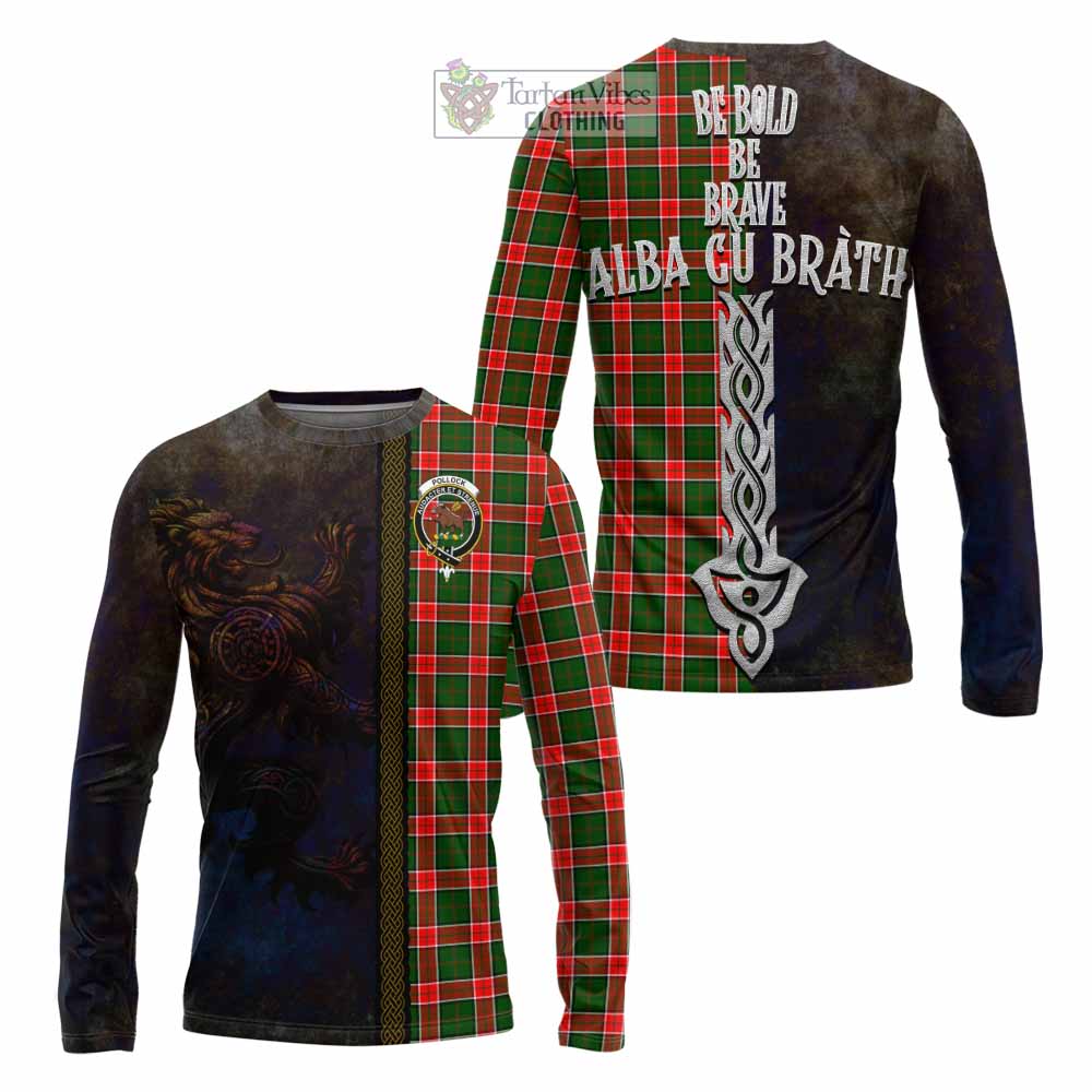 Tartan Vibes Clothing Pollock Tartan Family Crest Long Sleeve T-Shirt Alba Gu Brath Be Brave Lion Ancient Style
