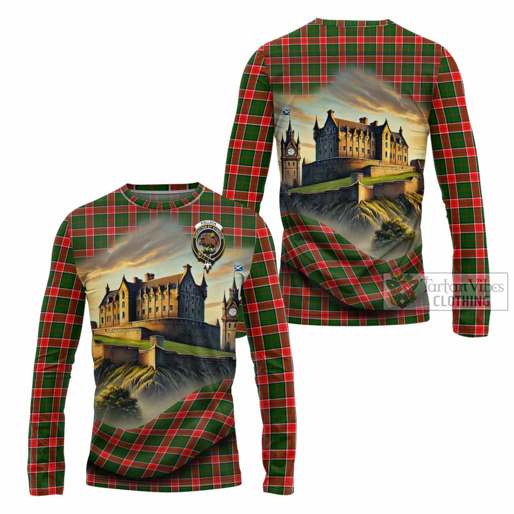 Pollock Tartan Family Crest Long Sleeve T-Shirt with Scottish Ancient Castle Style - Tartan Vibes Clothing