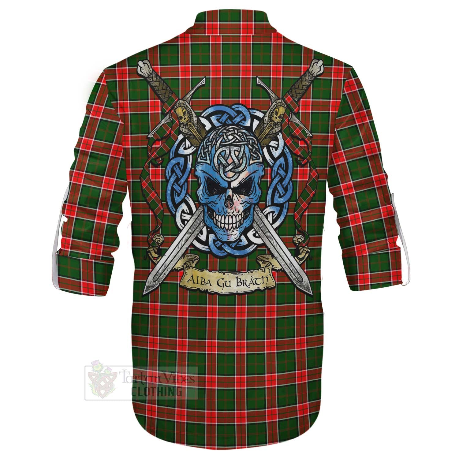 Pollock Tartan Ghillie Kilt Shirt with Family Crest Celtic Skull Style - Tartan Vibes Clothing