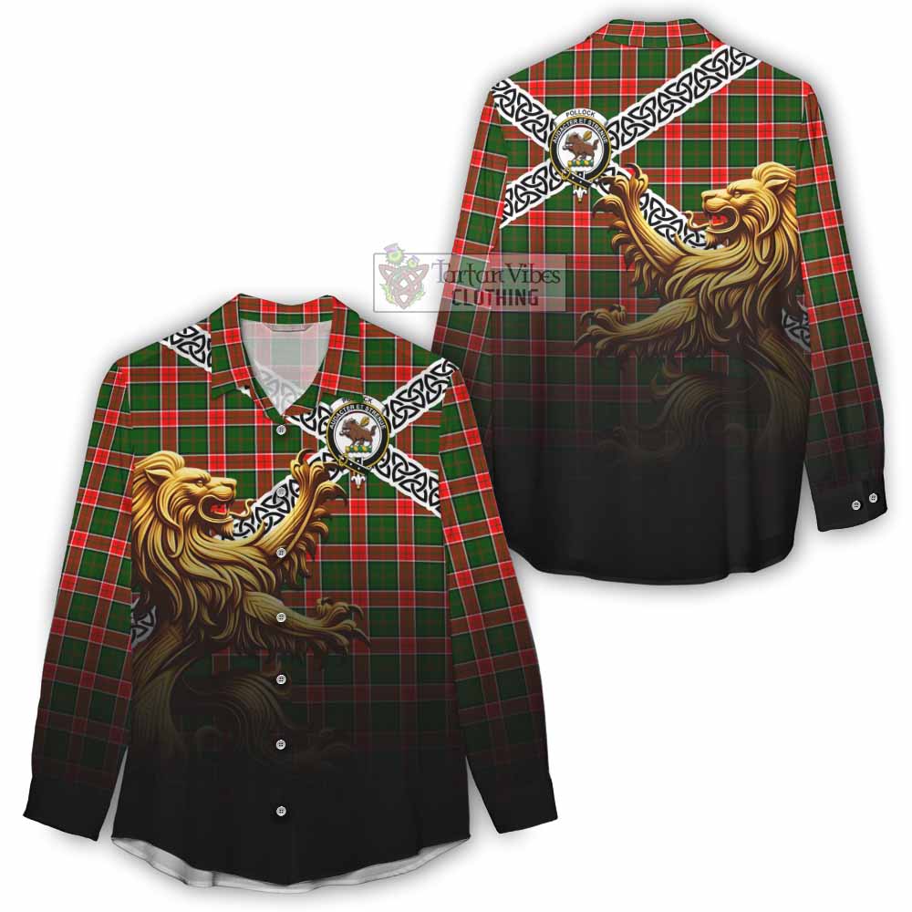 Pollock Crest Tartan Women's Casual Shirt with Golden Lion Emblem Celtic Style - Tartan Vibes Clothing