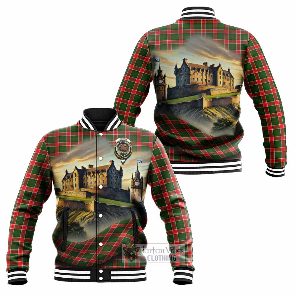 Pollock Tartan Family Crest Baseball Jacket with Scottish Ancient Castle Style - Tartan Vibes Clothing