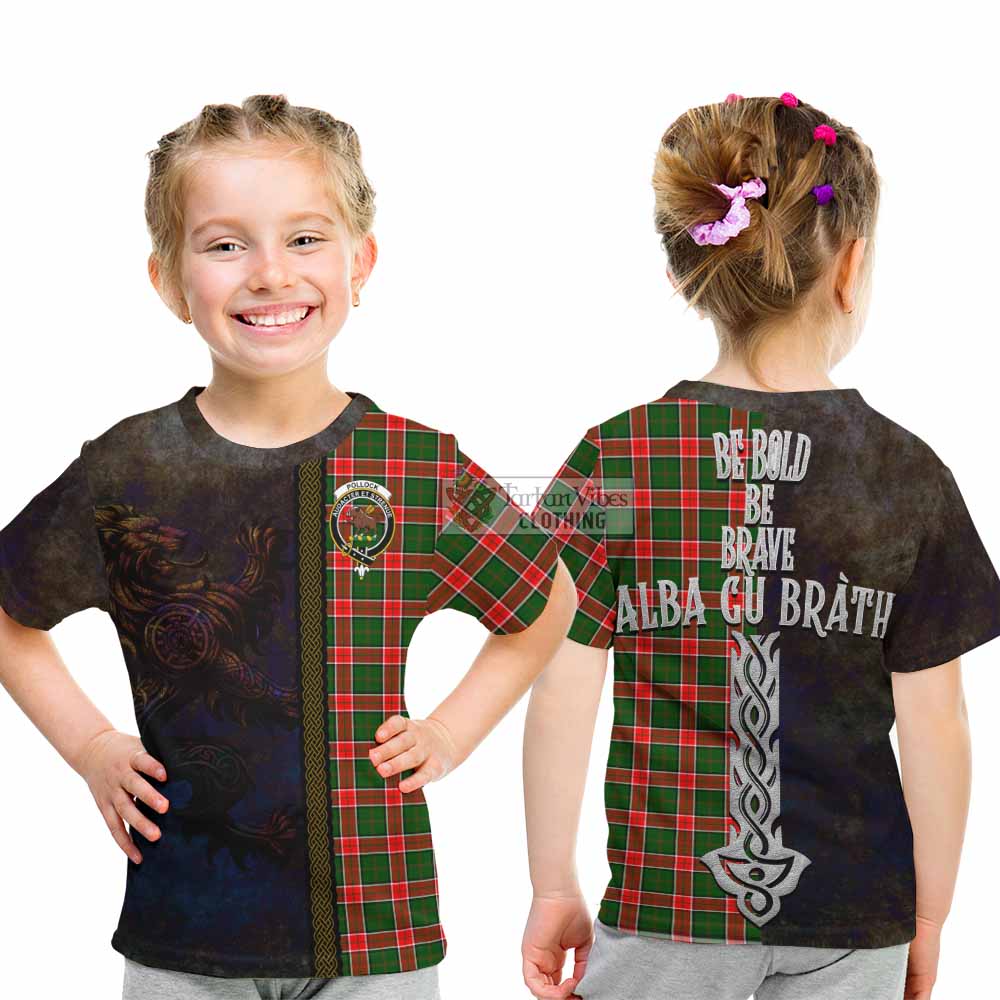Tartan Vibes Clothing Pollock Tartan Family Crest Kid T-Shirt Alba Gu Brath Be Brave Lion Ancient Style