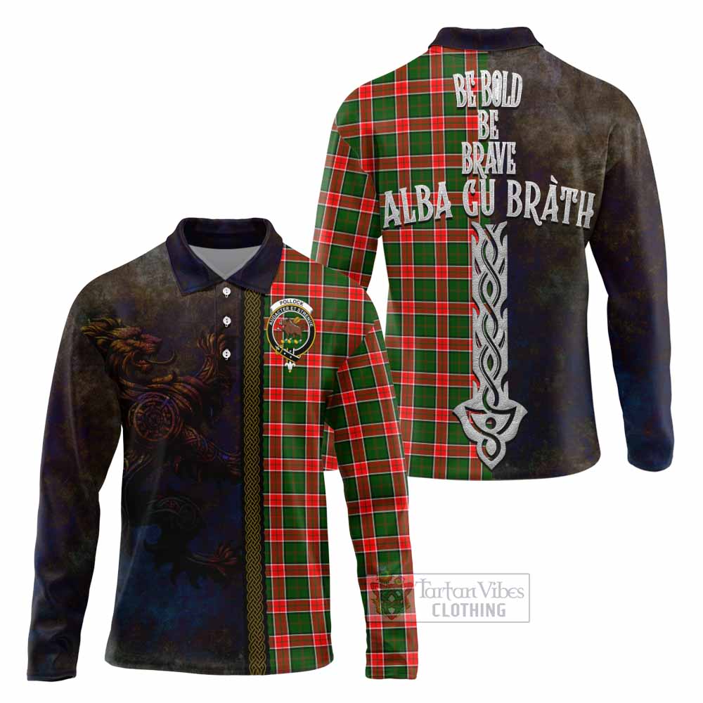 Tartan Vibes Clothing Pollock Tartan Family Crest Long Sleeve Polo Shirt Alba Gu Brath Be Brave Lion Ancient Style