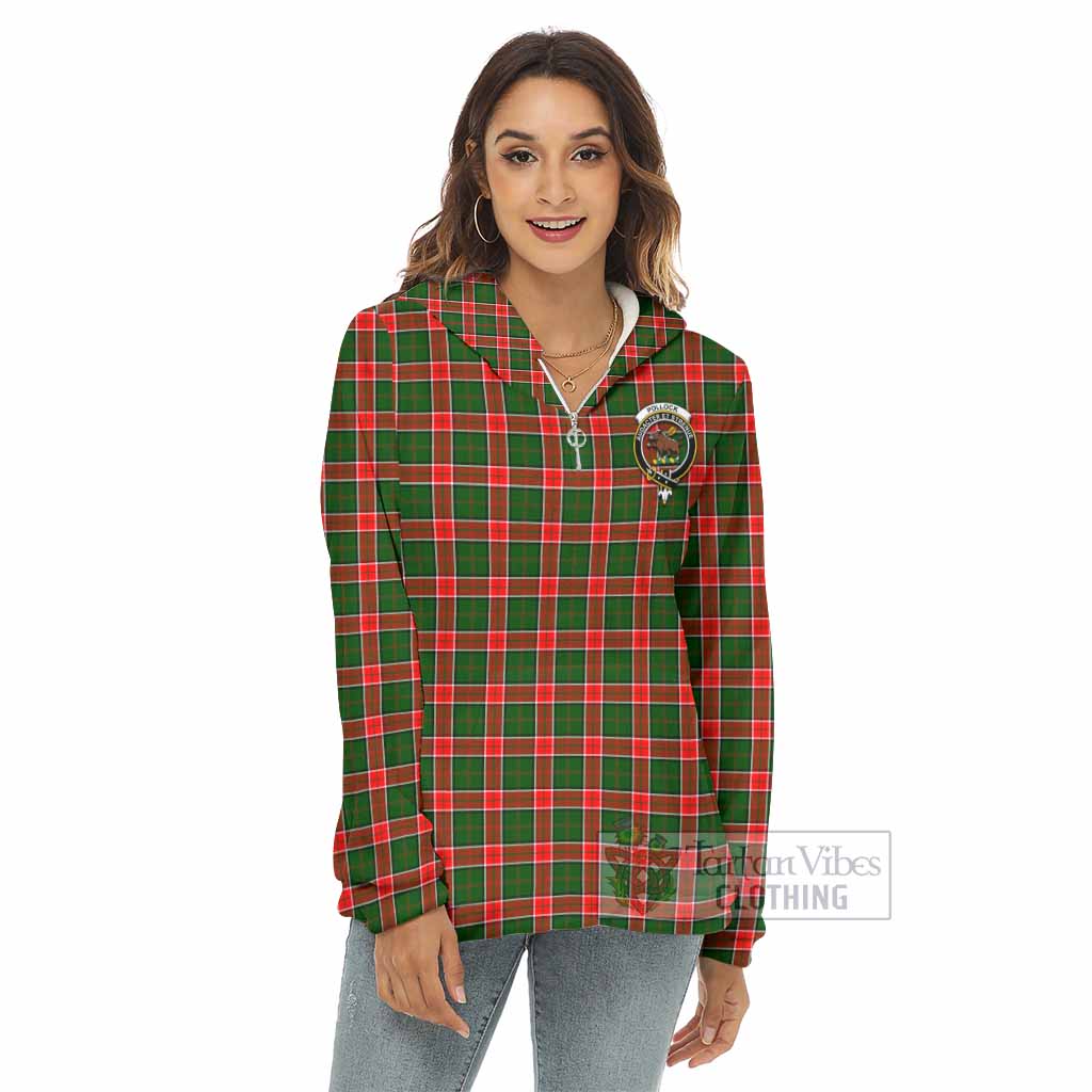 Pollock Tartan Women's Borg Fleece Hoodie with Half Zip with Family Crest - Tartan Vibes Clothing