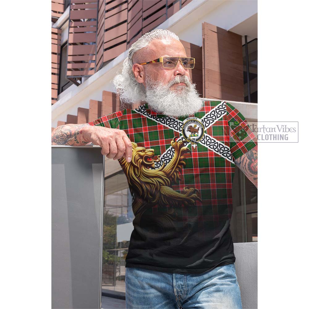 Tartan Vibes Clothing Pollock Crest Tartan Cotton T-shirt with Golden Lion Emblem Celtic Style