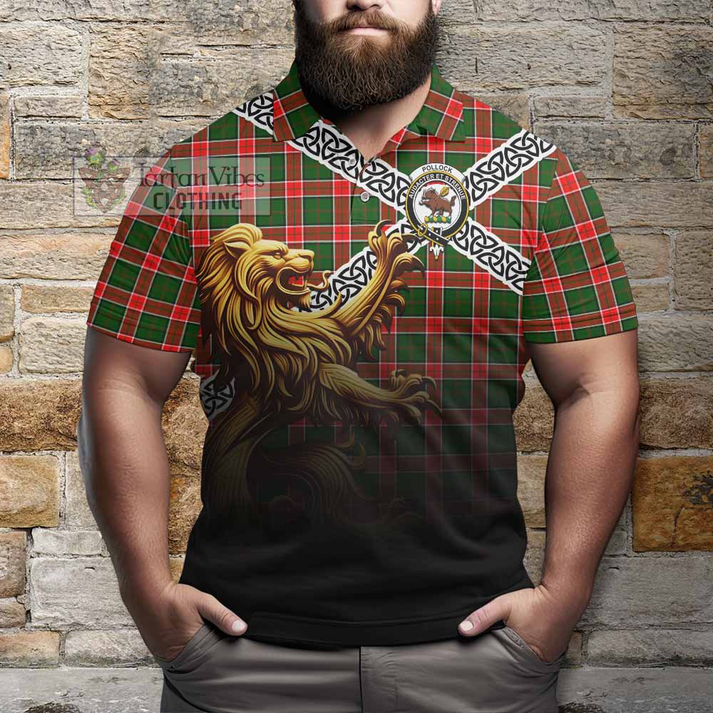 Pollock Crest Tartan Polo Shirt with Golden Lion Emblem Celtic Style - Tartan Vibes Clothing
