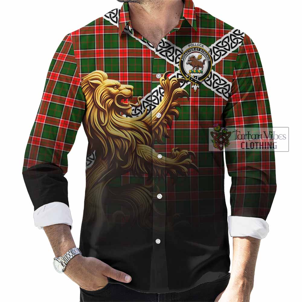 Pollock Crest Tartan Long Sleeve Button Shirt with Golden Lion Emblem Celtic Style - Tartan Vibes Clothing