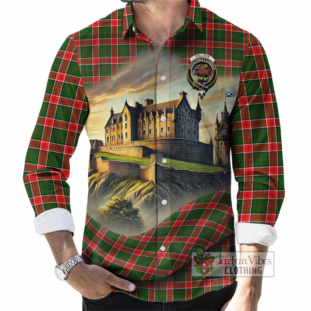 Tartan Vibes Clothing Pollock Tartan Family Crest Long Sleeve Button Shirt with Scottish Ancient Castle Style