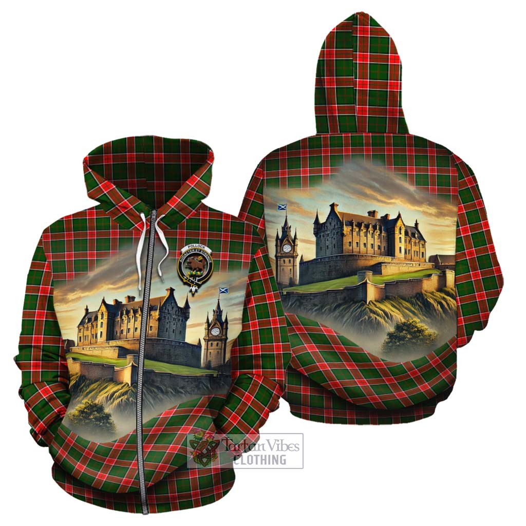 Pollock Tartan Family Crest Cotton Hoodie with Scottish Ancient Castle Style Zip Hoodie - Tartan Vibes Clothing