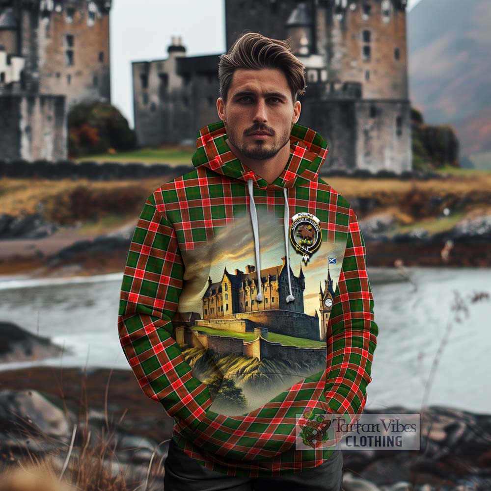 Pollock Tartan Family Crest Cotton Hoodie with Scottish Ancient Castle Style - Tartan Vibes Clothing